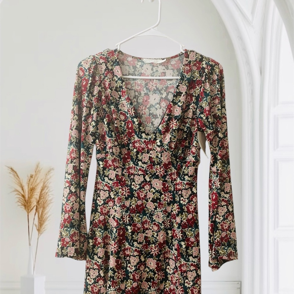 Pink and Orange Tiered Wrap Dress with Bell Sleeves